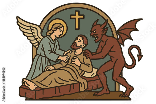 In the altarpiece at Saint Leonard of Noblac Church in Kotari, Croatia, an angel and a devil battle over the soul of a dying person