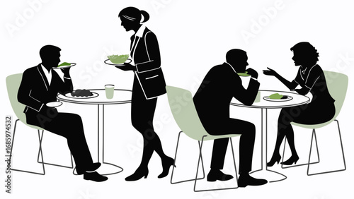 Silhouette illustration of people dining in a restaurant with a waitress serving food at tables created with generated ai