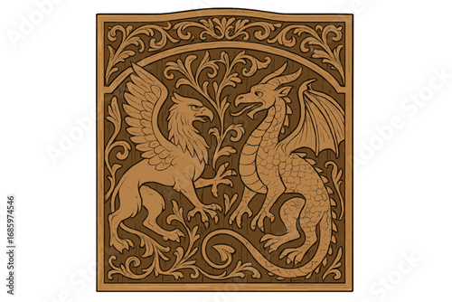 Amazing wooden door carving featuring mythical creatures