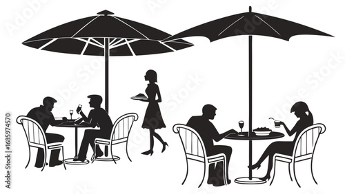 Silhouette illustration of people dining at outdoor cafe with umbrellas and a waitress serving food created with generated ai