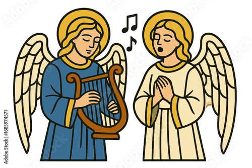 Two angels play music and sing amid stained glass