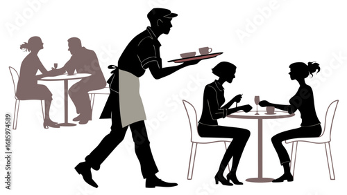 Silhouette illustration of a waiter serving customers at tables in a restaurant setting scene created with generated ai