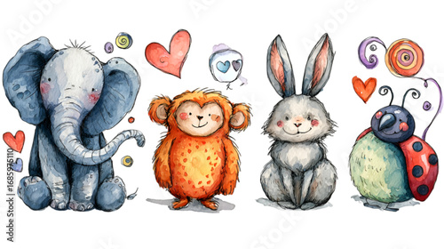 Cute watercolor collection of baby animals elephant monkey rabbit and ladybug.