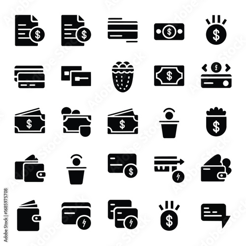 Payment and Financial Icon Set A Modern Grid of 25 Minimalist Symbols for Transactions and Banking
