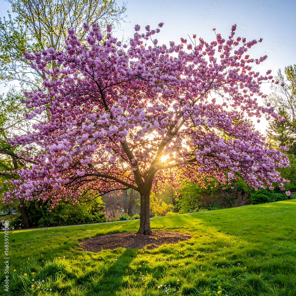Naklejka premium Blossoming cherry tree at sunset