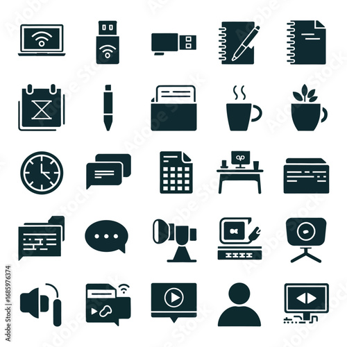 Comprehensive collection of modern business, technology, and communication glyph icons, ideal for digital interfaces and contemporary design projects