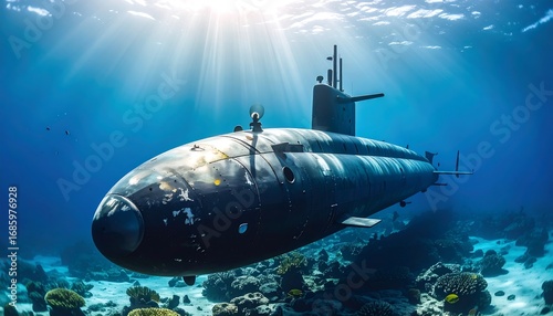 A submarine glides through the coral reefs of a vibrant underwater world. Sunlight streams down, illuminating the dark hull of the vessel