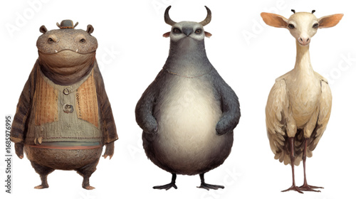 Three unique and whimsical fantasy animal characters standing together.
