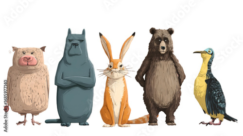 Whimsical collection of five illustrated animal characters.
