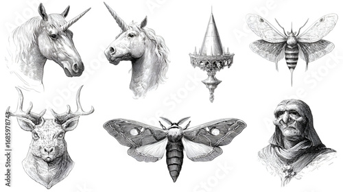 Vintage Hand Drawn Fantasy Illustrations Set on White Background.