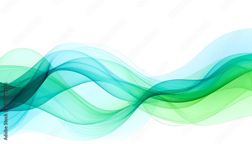 Obraz premium A smooth, flowing design with soft, translucent waves of teal and green hues against a white background.