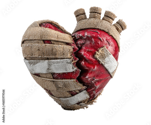 A fractured heart, wrapped in rough bandages, depicts a broken spirit