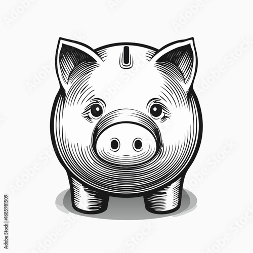A vintage illustration of a piggy bank in a black and white line art style, symbolizing savings and financial planning