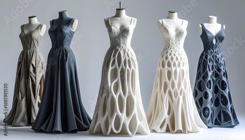 Five 3D Printed Dresses with Layered Geometric Textures