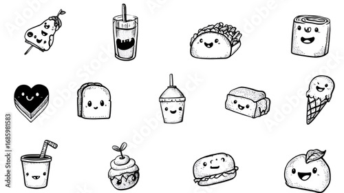 A collection of cute hand drawn kawaii food and drink doodles.