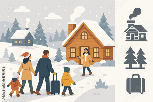 Snowy Holiday Arrival. Horizontal vector banner showing family arriving at snowy cottage and village holiday icon set for chimney