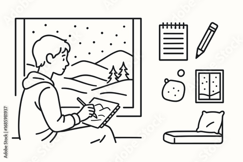 Peaceful Sketching Moment. Minimalist vector strip with teenager sketching snowy hills and quiet moment icon set for notepad,