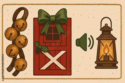 Festive Farm Holiday Banner. Creative banner featuring sleigh bells and festive barn decor and holiday farm icon set for red door,