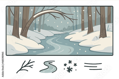 Frozen Forest Serenity. Vector strip showing frozen stream in forest and serenity icon set for branch arch, ice trail, soft flakes
