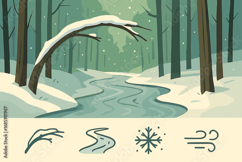Frozen Forest Serenity. Vector strip showing frozen stream in forest and serenity icon set for branch arch, ice trail, soft flakes