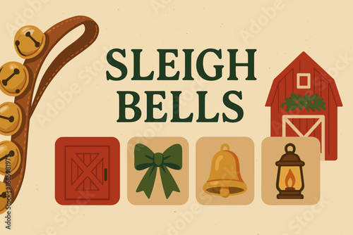 Festive Farm Holiday Banner. Creative banner featuring sleigh bells and festive barn decor and holiday farm icon set for red door,