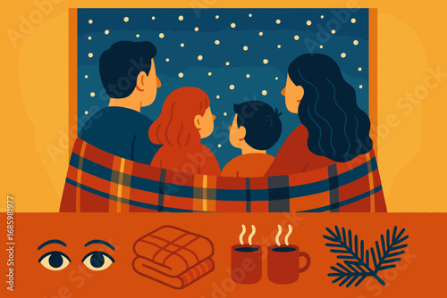 Winter Family Gathering. Colorful scene of family watching snowfall in silence and shared moment icon set for eyes, warm blanket,