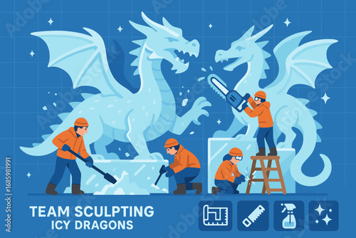 Team Sculpting Dragons. Creative vector layout with team sculpting icy dragons and creative process icon set for blueprint, saw,