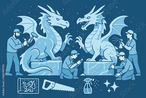 Team Sculpting Dragons. Creative vector layout with team sculpting icy dragons and creative process icon set for blueprint, saw,