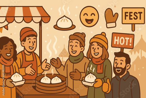 Street Food Festivity. Wide banner showing friends gathered around food stall and street festivity icon set for steam snack, happy