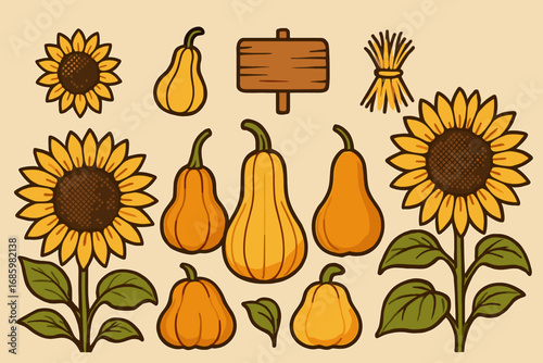 Sunflower Harvest Icons. Vector banner featuring sunflowers and gourds lined up and fall crops icon set for sunflower head, gourd