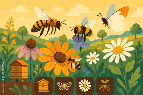 Bees and Late Blooms. Colorful scene of bees and pollinators on late blooms and farm ecology icon set for beehive, wings, flowers
