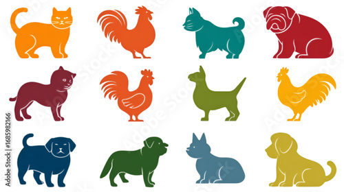 Colorful collection of stylized domestic animal silhouettes including cats dogs and roosters.