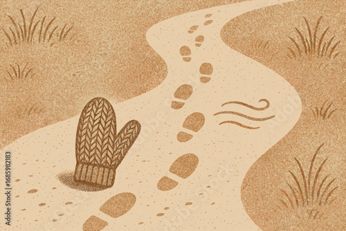 Lost Mitten Trail. Creative banner featuring lost mitten on trail and narrative detail icon set for wool pattern, footsteps,