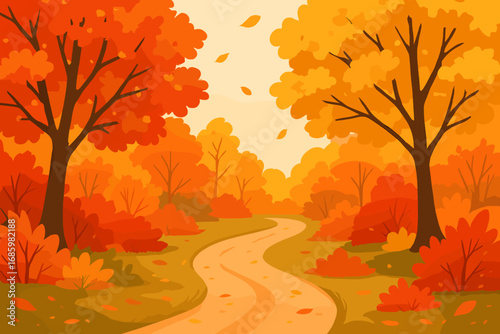 Leafy Fall Trail. Vector illustration of leafy trail surrounded by vibrant fall foliage, ideal for seasonal backgrounds, greeting