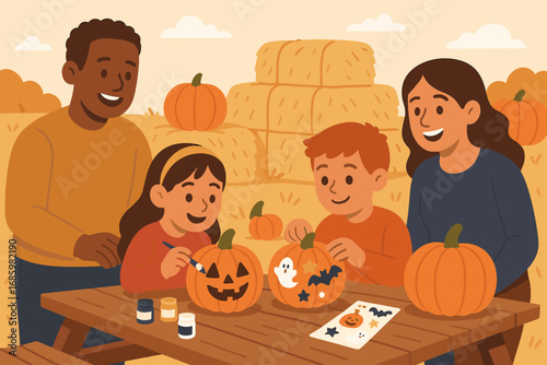 Pumpkin Decorating Fun. Flat design featuring kids decorating pumpkins with paint and stickers at a farm table surrounded by hay