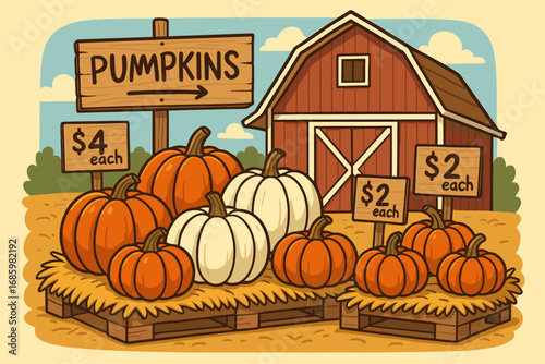 Colorful Pumpkin Display. Cartoon-style design showing pumpkins arranged by color and size on straw pallets, with price tags,