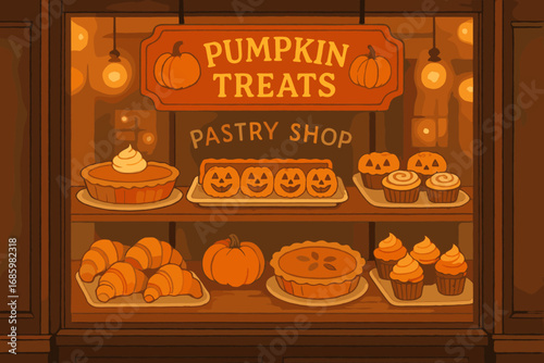 Pumpkin Delights Display. Illustrated pastry shop window with seasonal treats, pumpkin-themed signage and glowing café ambiance.