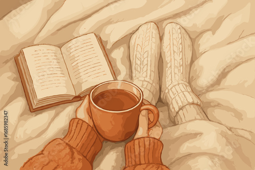 Cozy Morning Essentials. Illustrated cozy morning moment with knitted socks, sweater sleeves, book and cup of tea under blanket.
