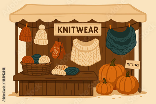 Knitwear Market Stall. Vector scene of market stall selling handmade knitwear: hats, mittens, cowls and rustic display with
