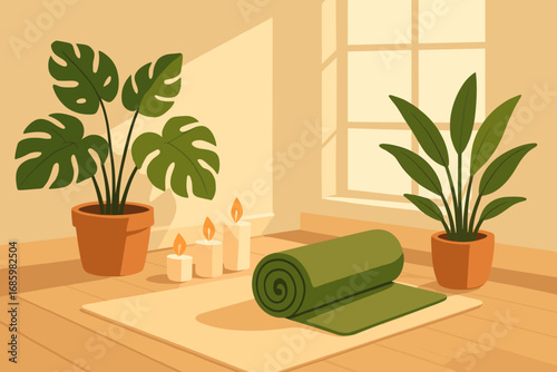 Cozy Yoga Corner. Vector layout of home yoga corner decorated with candles, rolled mat, leafy plants and soft morning light.
