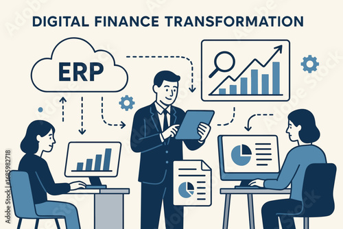 Digital Finance Evolution. Vector scene of digital finance transformation — cloud-based ERP, real-time analytics and automated