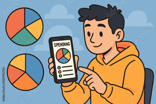Mobile Finance Tracker. Cartoon-style horizontal banner of young adult tracking spending on mobile finance app with colorful pie