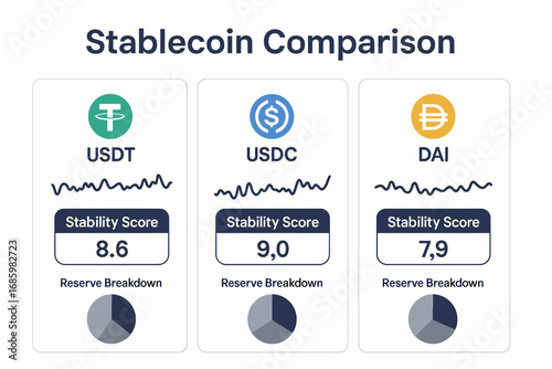 Stablecoin Comparison Banner. Banner of stablecoin comparison (USDT, USDC, DAI) with graphs, stability scores and reserve