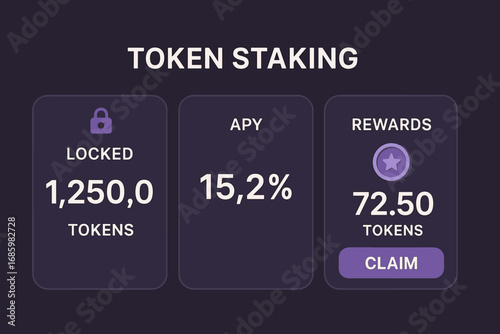 Token Staking Platform. Horizontal layout of token staking platform showing locked balances, APY values and reward claim animation
