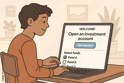 Opening Investment Account. Illustrated scene of young adult opening investment account with welcome screen and fund selection.
