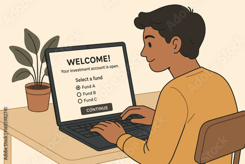 Opening Investment Account. Illustrated scene of young adult opening investment account with welcome screen and fund selection.