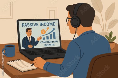 Online Investment Webinar. Scene of investor attending online webinar about passive income and compounding growth.