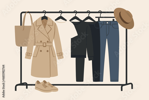 Capsule Wardrobe Setup. Horizontal vector layout of capsule wardrobe setup — few versatile items on simple clothing rack.