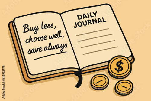 Journal and Coins. Vector art of daily journal with handwritten note “Buy less, choose well, save always” next to coins.