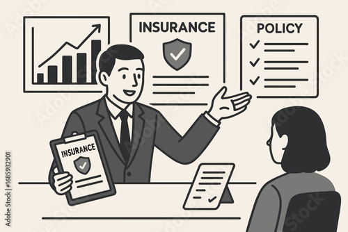 Explaining Insurance Options. Vector illustration of financial advisor explaining insurance options with charts, contracts, and